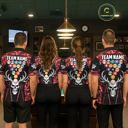 Personalized Red Camo Skull Billiard Shirt For Women, 8 Ball Billiard Team Jersey Polo & 1/4 Zip TDM6400