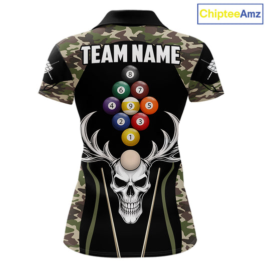 Personalized Green Camo Skull Billiard Shirt For Women, 9 Ball Billiard Team Jersey Polo & 1/4 Zip TDM6401