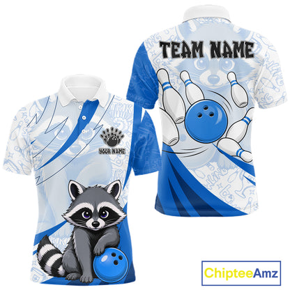 Bowling-themed shirt with raccoon and bowling ball design, customizable with 'Team Name' and 'Your Name'.