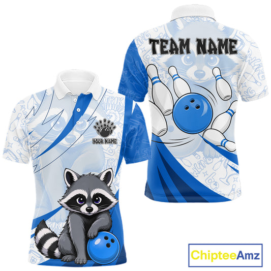 Bowling-themed shirt with raccoon and bowling ball design, customizable with 'Team Name' and 'Your Name'.