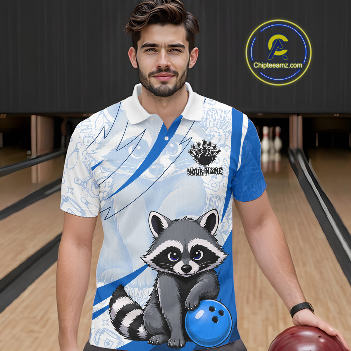 Custom Blue Funny Raccoon Bowling Jersey For Men Custom Bowling Shirts Team Polo & Quarter Zip TDM6593