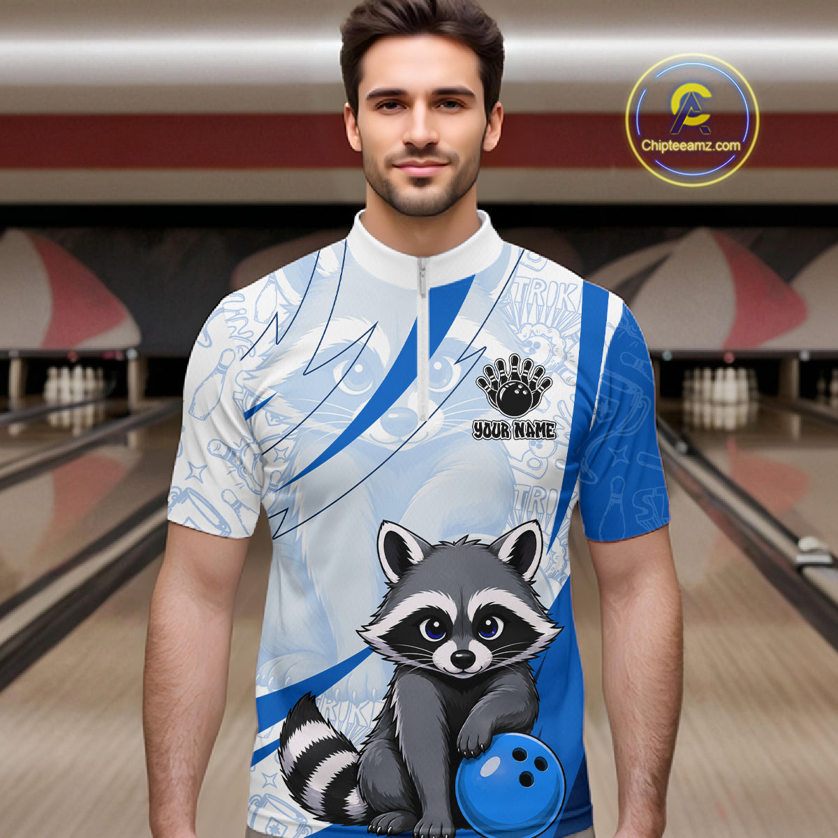Custom Blue Funny Raccoon Bowling Jersey For Men Custom Bowling Shirts Team Polo & Quarter Zip TDM6593