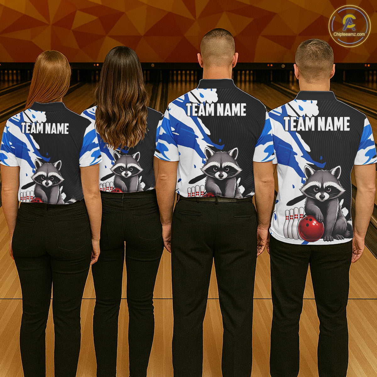 Four people wearing bowling shirts with raccoon graphics and 'Team Name' text on a bowling alley background.