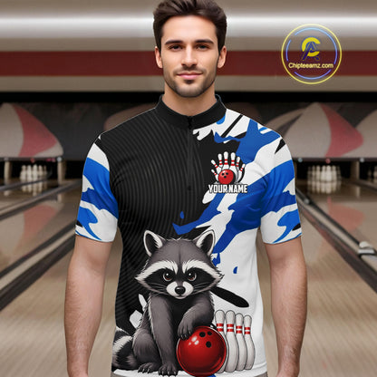 Man wearing a custom bowling shirt with raccoon design in a bowling alley.