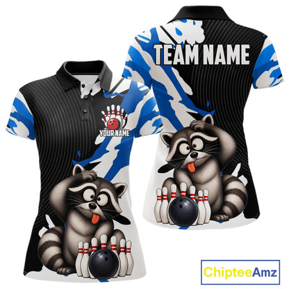 Women's Polo shirt with raccoon graphics and customizable text on a white background
