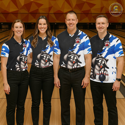 Four people wearing matching bowling shirts with a raccoon design on a bowling alley.