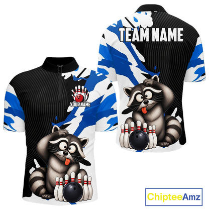 Bowling shirt with raccoon design and customizable text on a white background