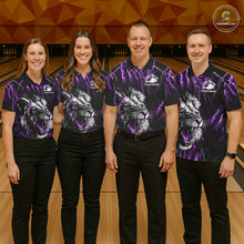 Load image into Gallery viewer, Bowling team wearing matching black and purple thunder lightning lion custom bowling jerseys front view.