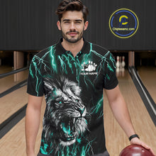 Load image into Gallery viewer, Man wearing a black and turquoise thunder lightning lion bowling polo shirt front view, custom bowling league jersey for men.