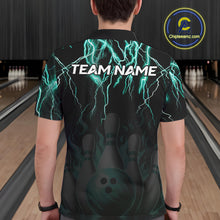 Load image into Gallery viewer, Back view of man wearing a black and turquoise thunder lightning lion bowling polo shirt, custom bowling team jersey design.