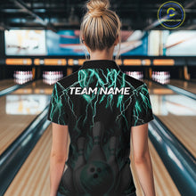 Load image into Gallery viewer, Back view of woman wearing a black and turquoise thunder lightning lion bowling polo shirt, custom bowling team jersey design.