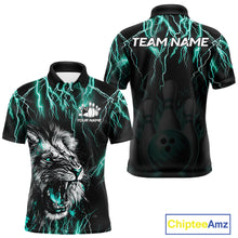Load image into Gallery viewer, Black and turquoise thunder lightning lion bowling team polo shirt for men with custom league graphics.