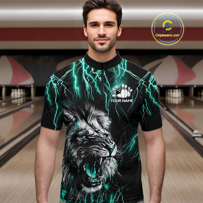 Man wearing a black and turquoise thunder lightning lion quarter zip bowling shirt front view, personalized bowling team apparel.
