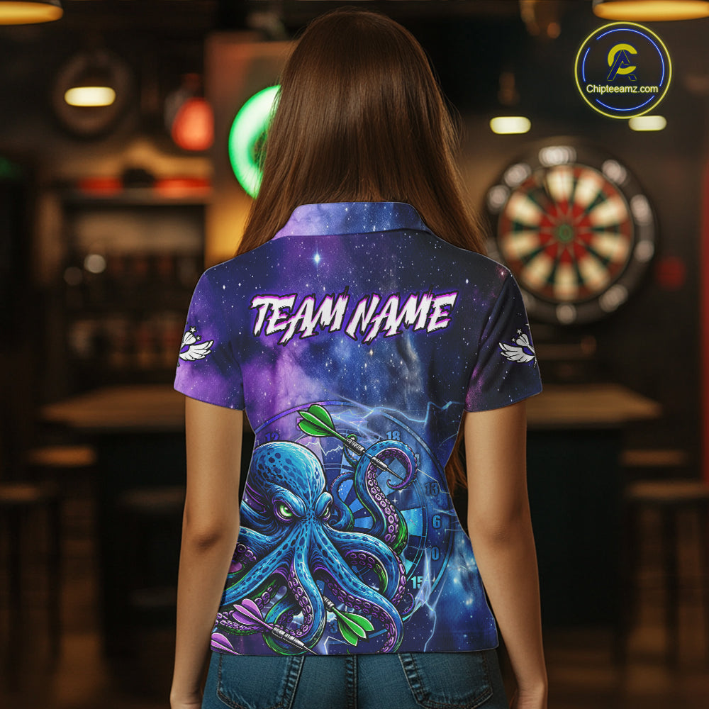 Woman Wearing Funny Octopus Blue Purple Galaxy Custom Darts Team Jersey Featuring the Complete Rear Graphic Design, Back View
