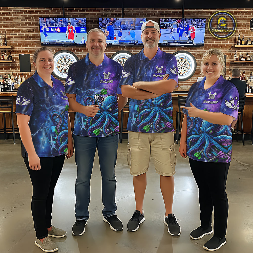 Dart Team Wearing Funny Octopus Blue Purple Galaxy Darts Jerseys During League Competition and Tournament Matches, Front View