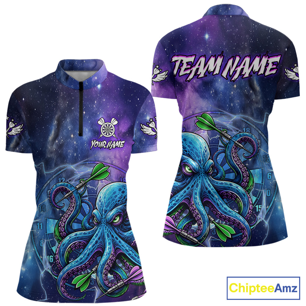 Funny Octopus Blue Purple Galaxy Quarter Zip Darts Shirt Created for Competitive Dart League Teams with Performance Fabric and Tournament Ready Team Design