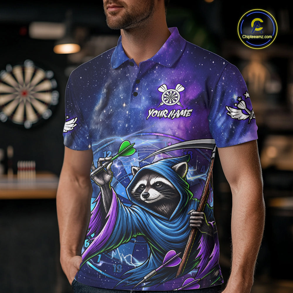 Man Wearing Funny Raccoon Wizard Blue Purple Galaxy Darts Polo Shirt with Athletic Performance Fit and Vibrant Fantasy Artwork, Front View