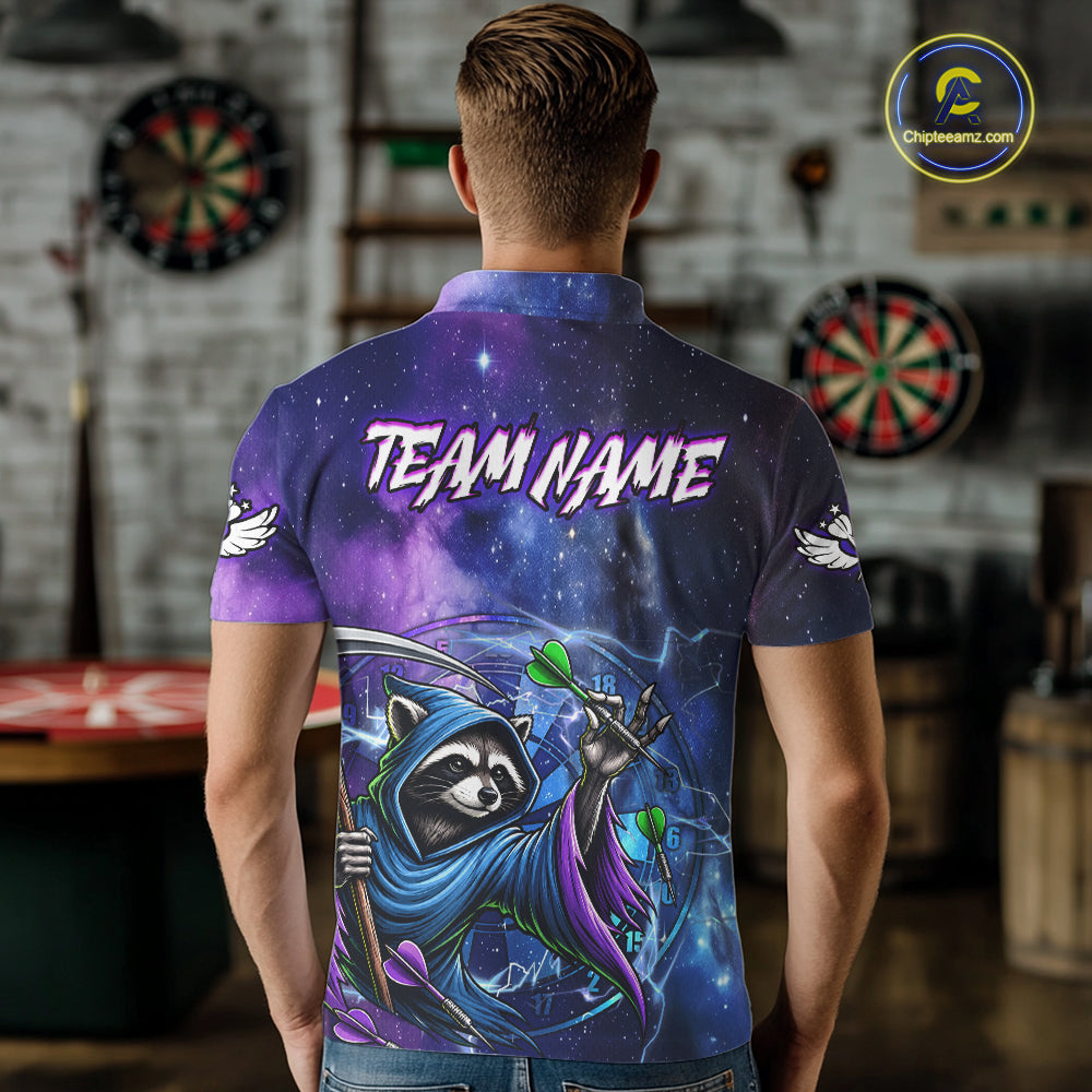 Man Wearing Funny Raccoon Wizard Blue Purple Galaxy Custom Darts Team Jersey Featuring the Complete Rear Graphic Design, Back View