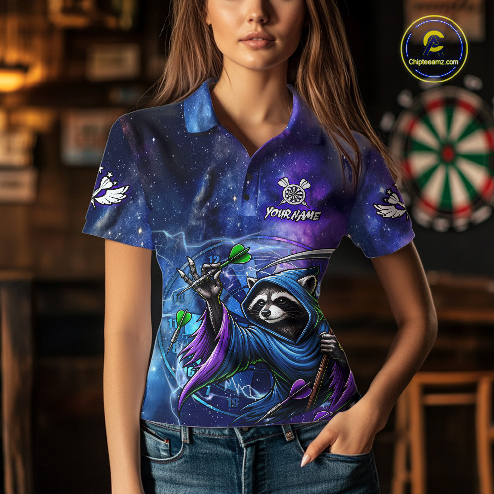 Woman Wearing Funny Raccoon Wizard Blue Purple Galaxy Darts Polo Shirt with Athletic Performance Fit and Vibrant Fantasy Artwork, Front View