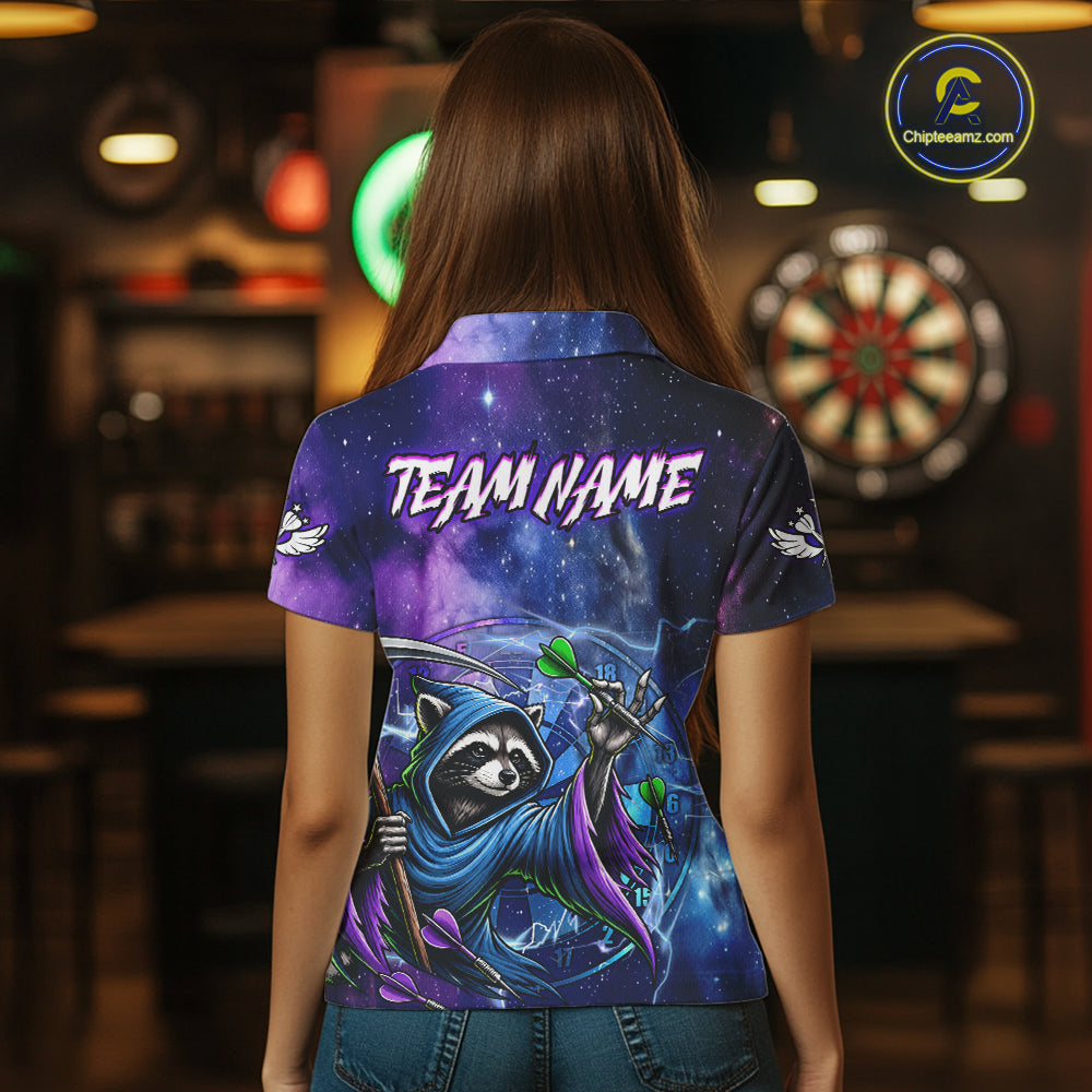 Woman Wearing Funny Raccoon Wizard Blue Purple Galaxy Custom Darts Team Jersey Featuring the Complete Rear Graphic Design, Back View