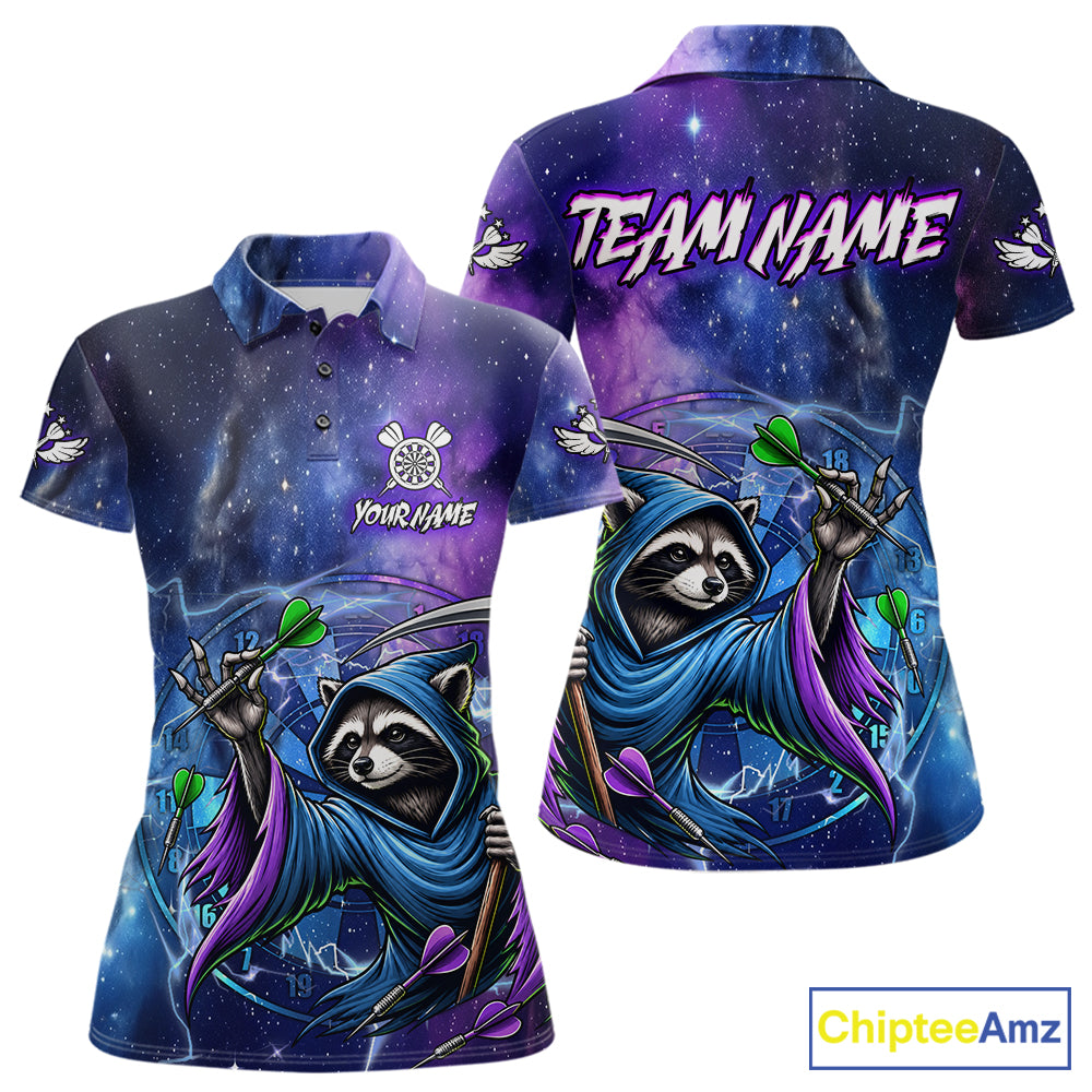 Custom Raccoon Wizard Blue Purple Galaxy Darts Polo Shirt Designed for Personalized Dart Team Jerseys with Glowing Graphics and Premium Athletic Performance