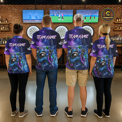Dart Team Wearing Funny Raccoon Wizard Blue Purple Galaxy Custom Darts Team Jerseys Featuring the Complete Back Artwork, Back View