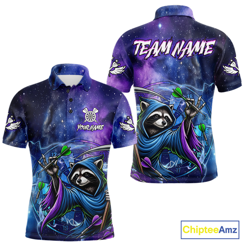 Custom Raccoon Wizard Blue Purple Galaxy Darts Polo Shirt Designed for Personalized Dart Team Jerseys with Glowing Graphics and Premium Athletic Performance