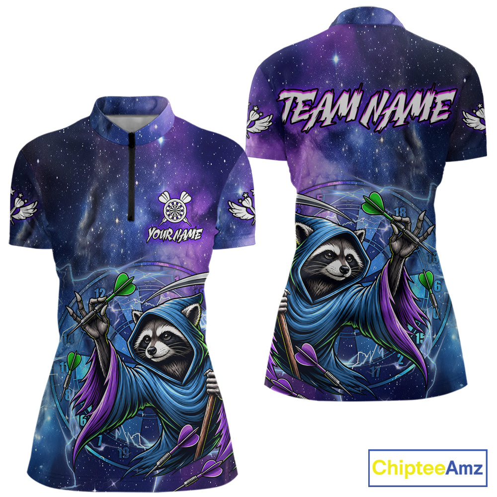 Funny Raccoon Wizard Blue Purple Galaxy Quarter Zip Darts Shirt Created for Dart League Teams with Performance Fabric and Eye Catching Tournament Style