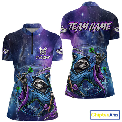 Funny Raccoon Wizard Blue Purple Galaxy Quarter Zip Darts Shirt Created for Dart League Teams with Performance Fabric and Eye Catching Tournament Style