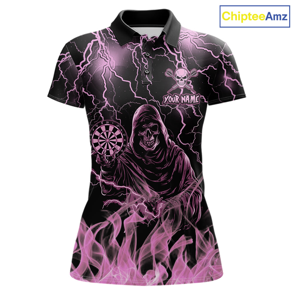 Personalized Pink Grim Reaper Fire Flame Darts Polo Shirt Featuring Bold Thunder Lightning Artwork for Dart League Players, Team Competition, and Tournament Events