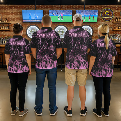 Dart Team Wearing Pink Grim Reaper Fire Flame Custom Darts Team Jerseys Featuring the Complete Back Artwork, Back View