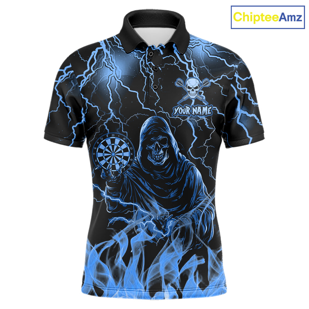 Turquoise Grim Reaper Fire Flame Darts Polo Shirt Featuring Thunder Lightning Artwork for Dart League Players, Team Competition, and Championship Tournament Events