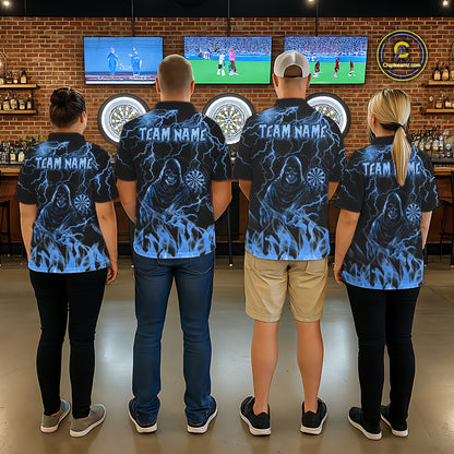 Dart Team Wearing Turquoise Grim Reaper Fire Flame Custom Darts Team Jerseys Featuring the Complete Back Artwork, Back View