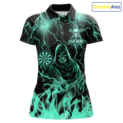Turquoise Grim Reaper Fire Flame Darts Polo Shirt Featuring Thunder Lightning Artwork for Dart League Players, Team Competition, and Championship Tournament Events
