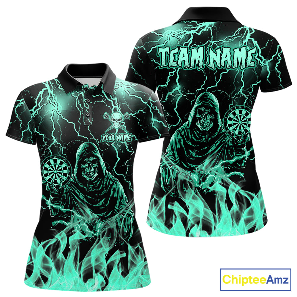 Custom Turquoise Grim Reaper Fire Flame Darts Polo Shirt Designed for Personalized Darts Team Jerseys with Powerful Lightning Graphics and Athletic Performance