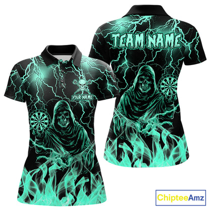 Custom Turquoise Grim Reaper Fire Flame Darts Polo Shirt Designed for Personalized Darts Team Jerseys with Powerful Lightning Graphics and Athletic Performance