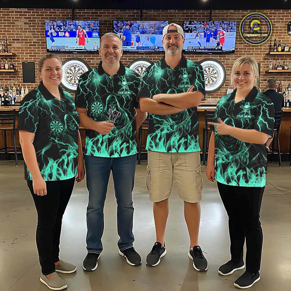 Dart Team Wearing Turquoise Grim Reaper Fire Flame Darts Jerseys During League Competition and Tournament Events, Front View