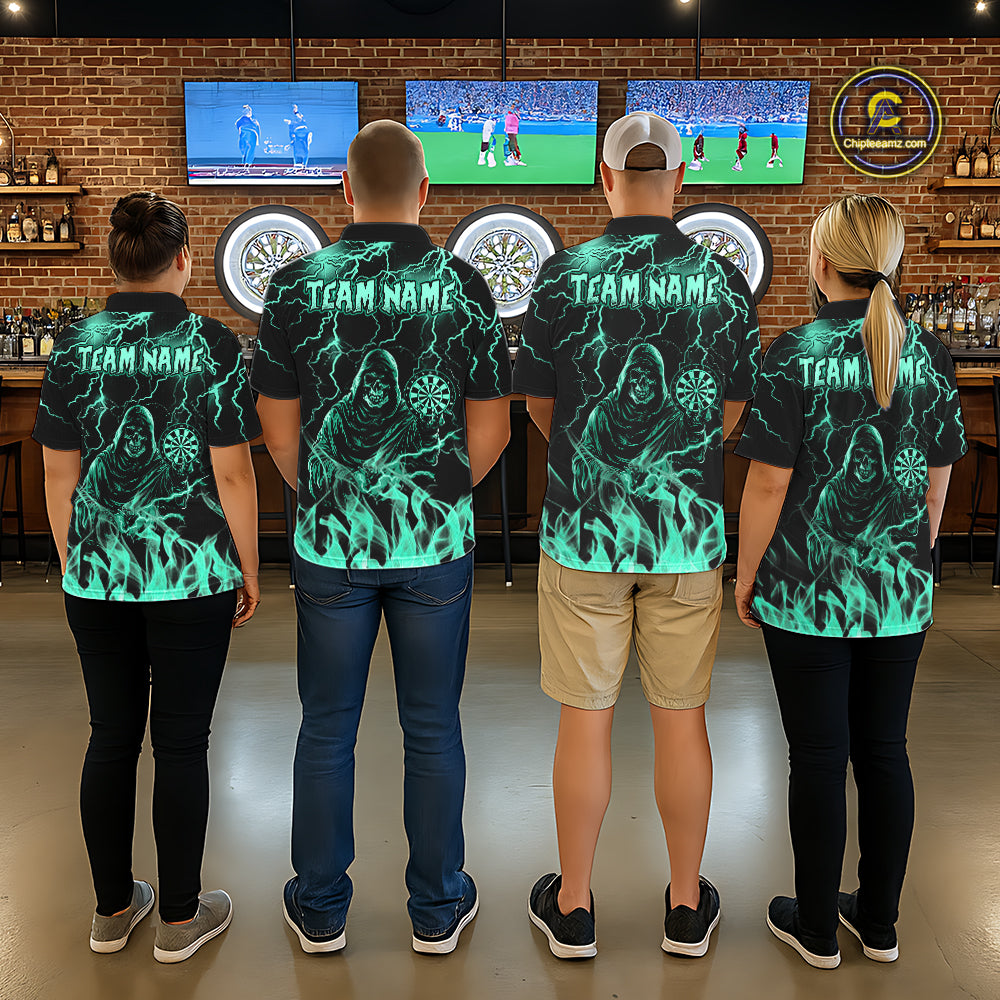 Dart Team Wearing Turquoise Grim Reaper Fire Flame Custom Darts Team Jerseys Featuring the Complete Back Artwork, Back View