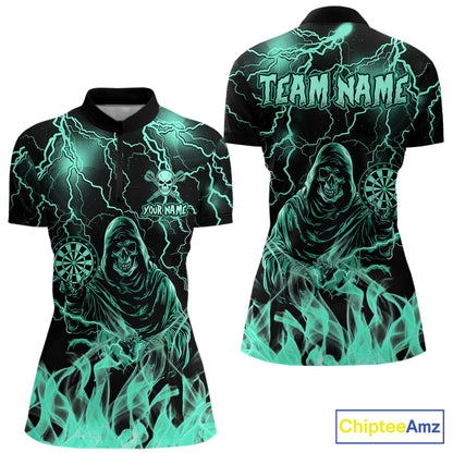 Turquoise Grim Reaper Fire Flame Quarter Zip Darts Shirt Created for Dart League Teams with Premium Performance Fabric and Tournament Ready Jersey Design