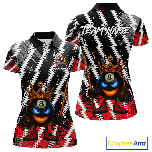 Funny 8 Ball Pool Crown Billiard Shirt For Women Custom Billiard Jersey Team Polo & 1/4 Zip |Red TDM5081