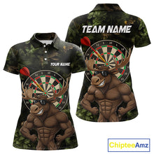 Load image into Gallery viewer, Personalized Green Camo Funny Moose Darts Shirts For Women Custom Darts Jersey Team Polo &amp; 1/4 Zip TDM5301