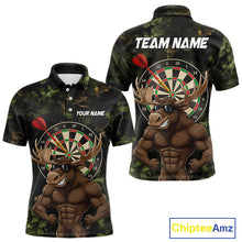 Load image into Gallery viewer, Personalized Green Camo Funny Moose Darts Shirts For Men Custom Darts Jersey Team Polo &amp; 1/4 Zip TDM5301