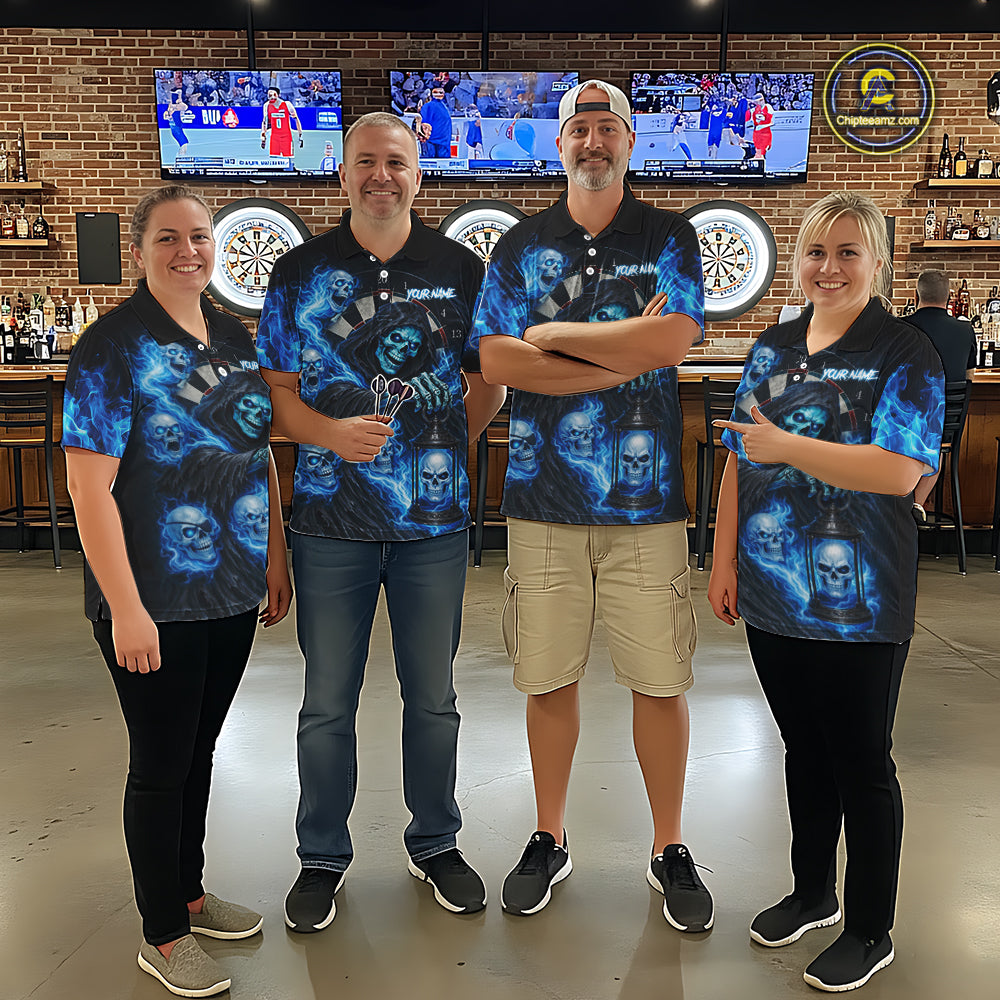 Blue Grim Reaper Flame Darts Shirt For Women Custom Skull Darts League Jersey Team Polo & Quarter Zip TDM5560