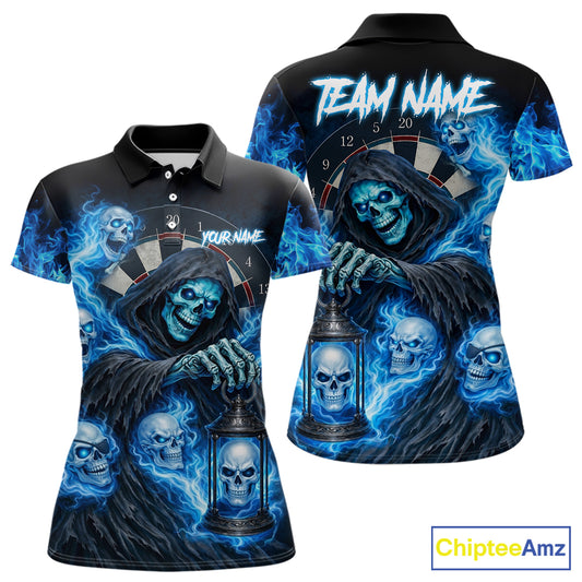 Blue Grim Reaper Flame Darts Shirt For Women Custom Skull Darts League Jersey Team Polo & Quarter Zip TDM5560