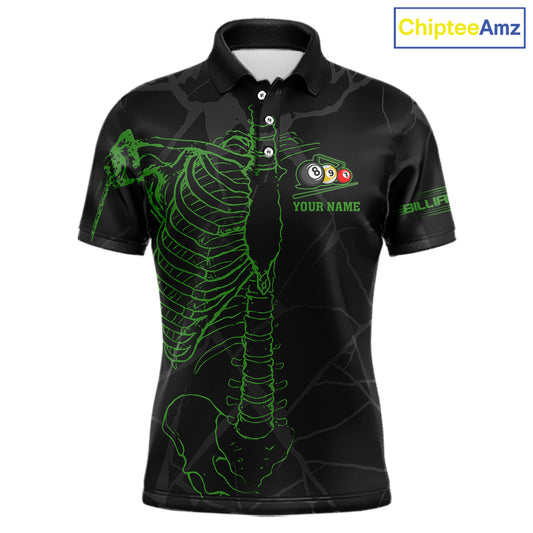 Black And Green Funny Skeleton Billiard Polo & 1/4 Zip For Men Custom Billiard Pool Team Jersey TDM5797