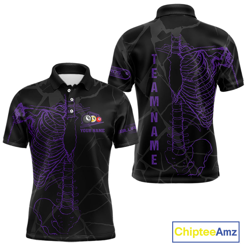 Black And Purple Funny Skeleton Billiard Polo & 1/4 Zip For Men Custom Billiard Pool Team Jersey TDM5798