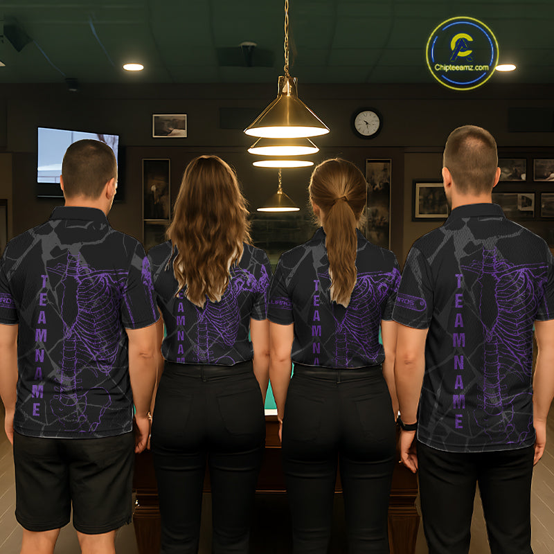 Black And Purple Funny Skeleton Billiard Polo & 1/4 Zip For Men Custom Billiard Pool Team Jersey TDM5798
