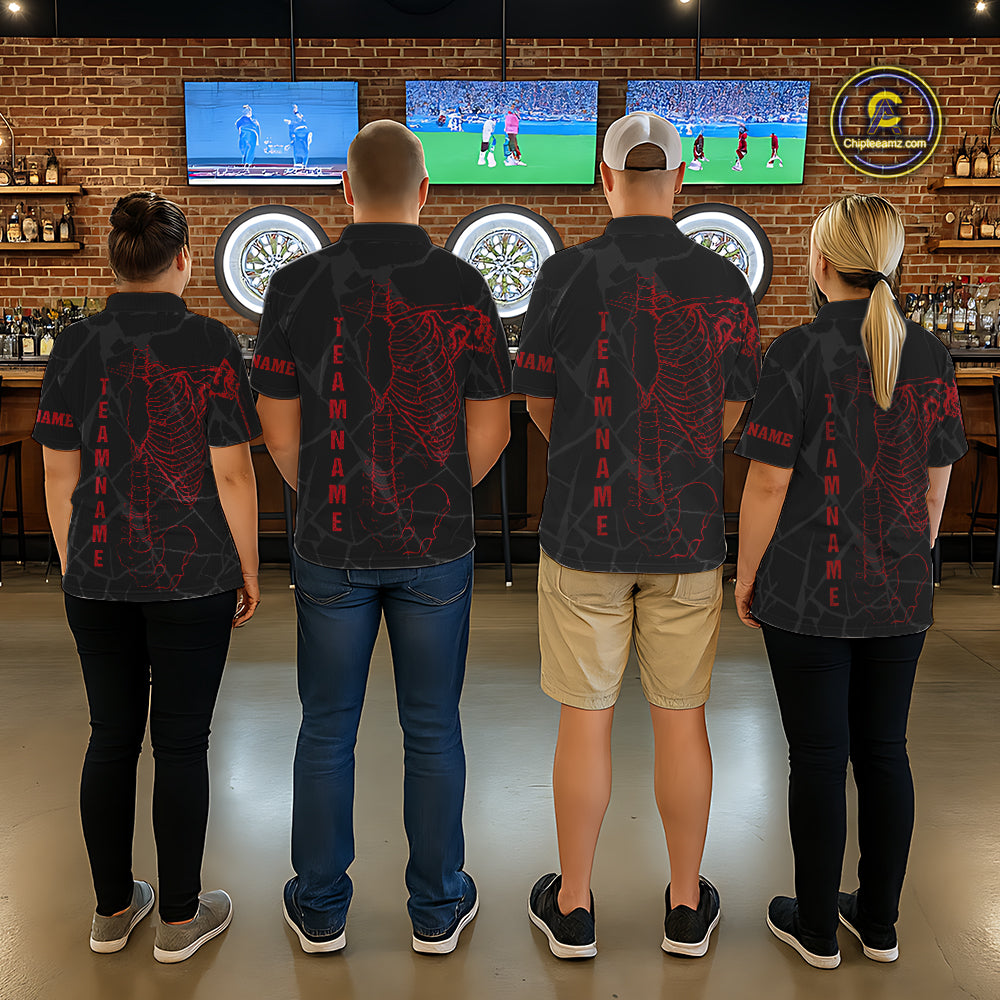 Black And Red Funny Skeleton Darts Polo & 1/4 Zip Custom Darts Shirt For Women Darts Team Jersey TDM5800