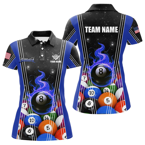 Personalized Blue 8 Ball Pool Fire Flame Billiard Balls Women Polo Shirt Custom Billiard Team Jerseys TDM1313