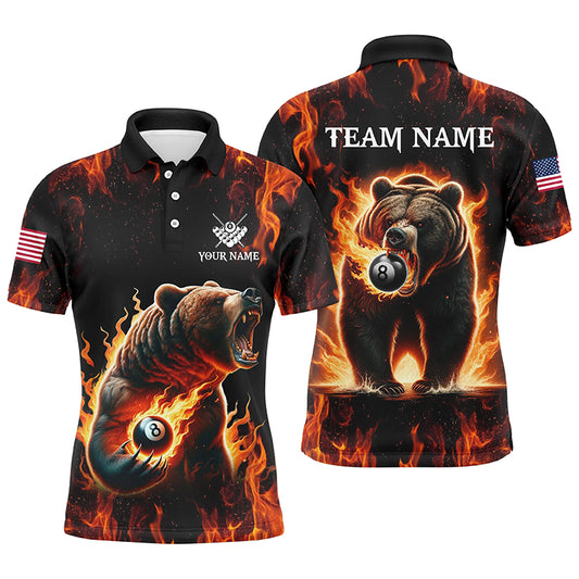 Personalized Funny Bear And 8 Ball Pool Fire Flame Men Billiard Polo Shirts, Billiard Team Jersey TDM1315